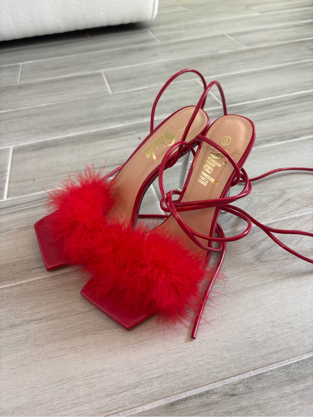 Shein Red Faux Feather Lace Up Clear Heels 8 NWOT